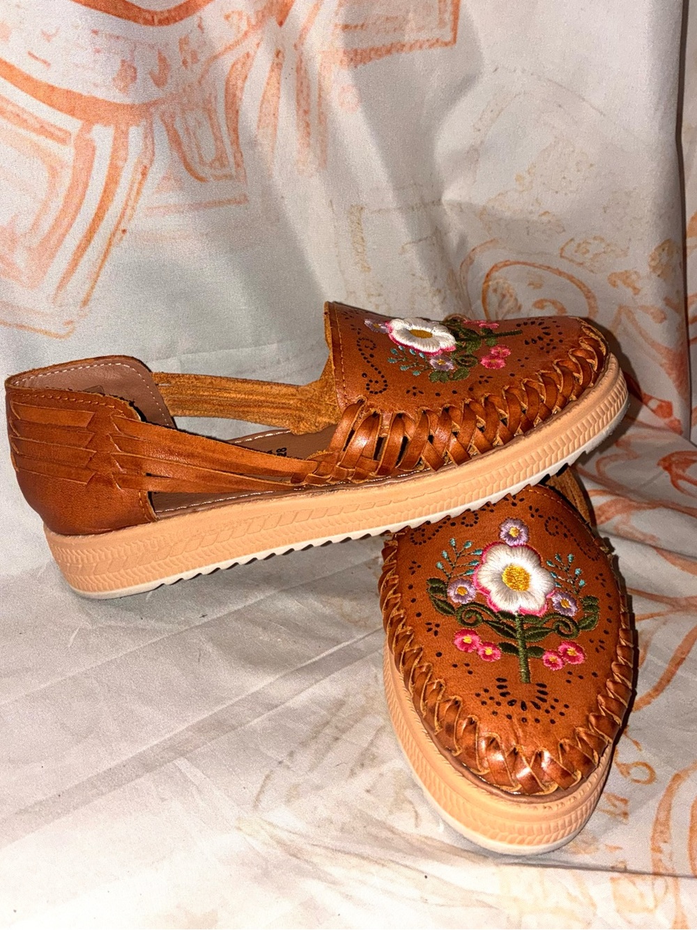 Embroidered Tan Leather Huaraches Slip-Ons for Women